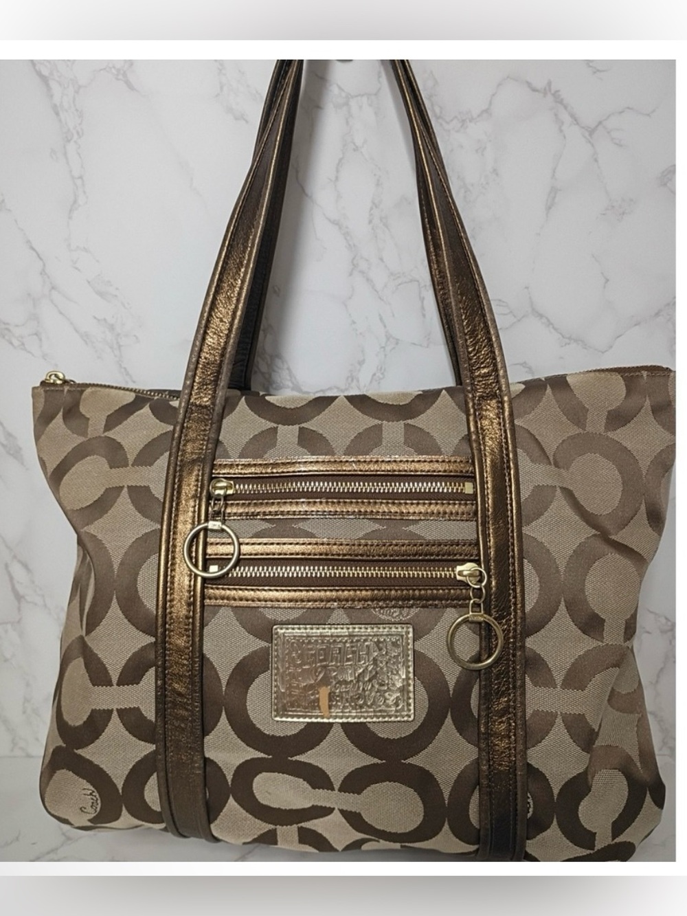 Coach Metallic Bronze Signature Canvas Tote Bag